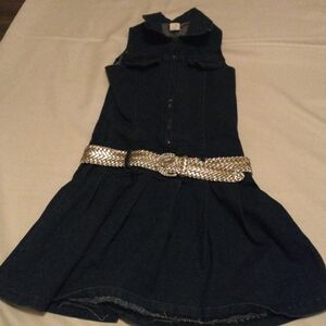 Girls' Dark Blue Denim Dress with Gold Belt